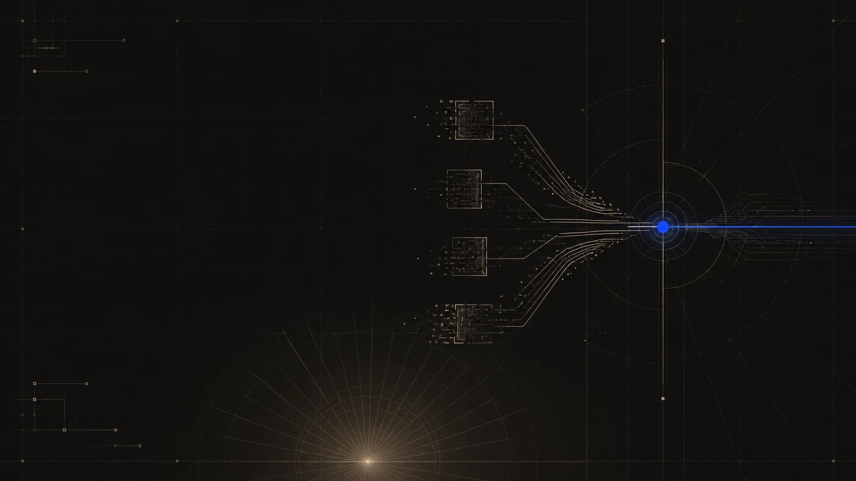 Abstract compiler modules converging into a measured cobalt verification point on an obsidian drafting grid.